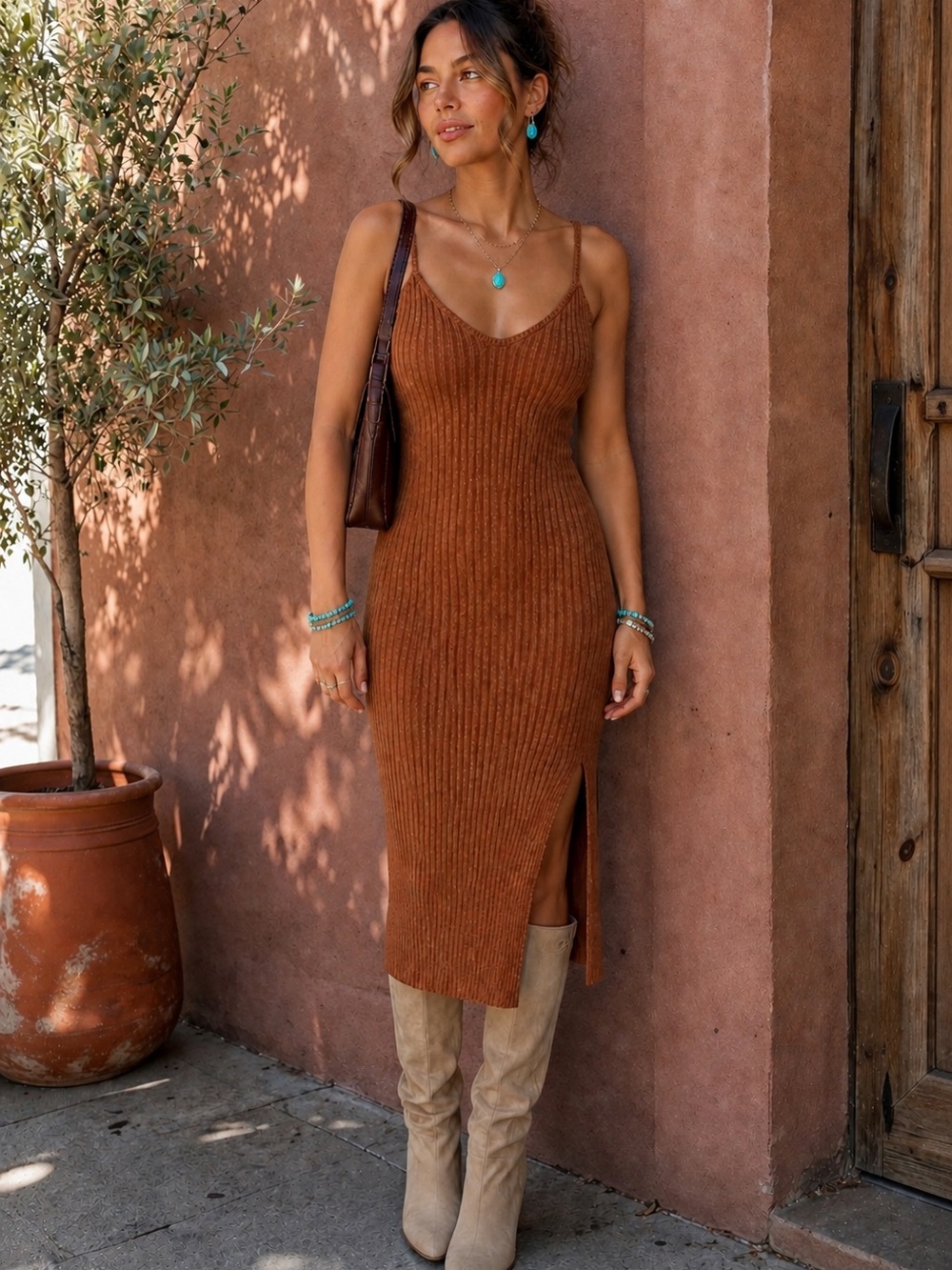 Cider Ribbed‎ Knit Bodycon Midi Dress | Side Slit Cami | Toffee Brown | M